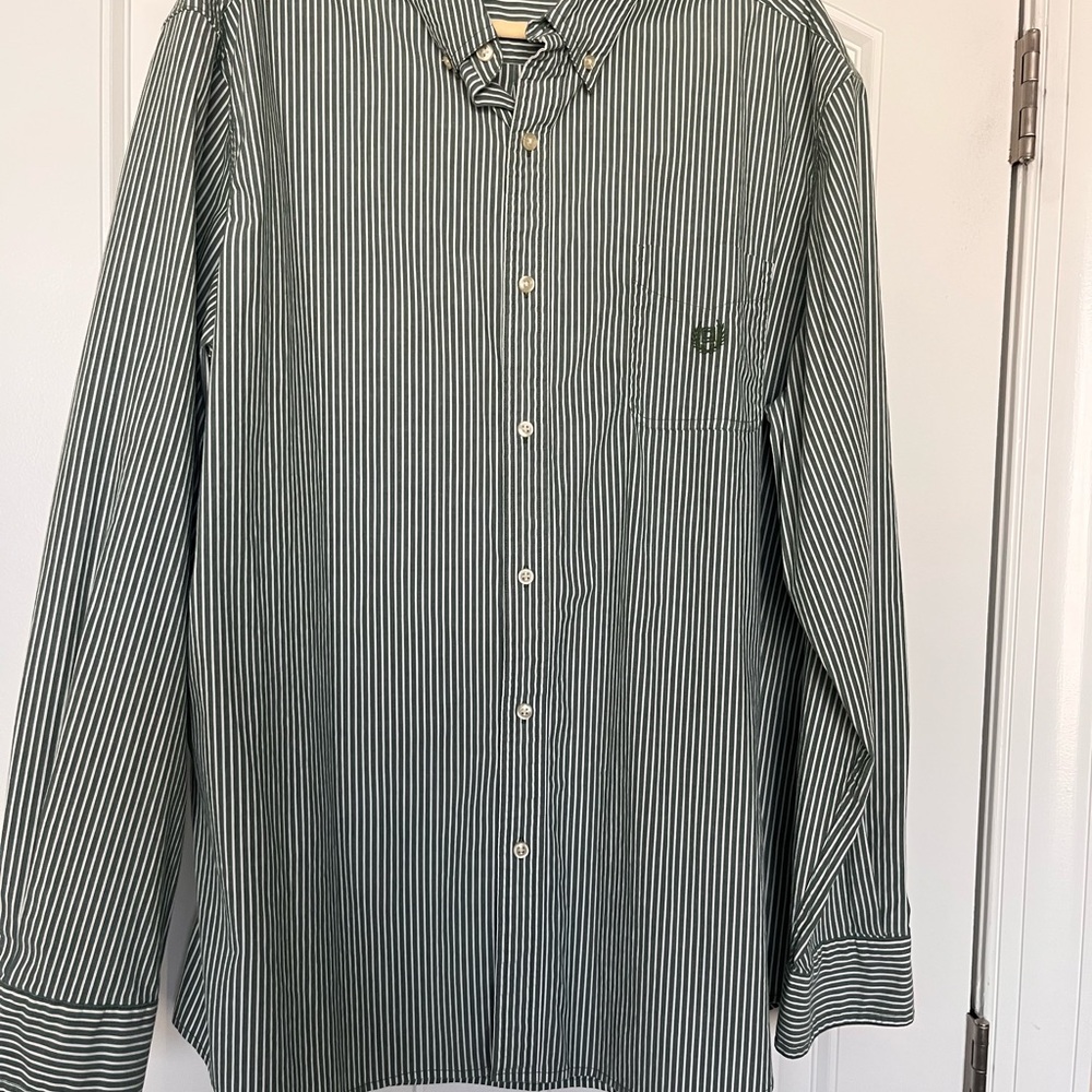 Chaps Green and White Vertical Stripe Stretch Poplin Button-Down Shirt Size XXL